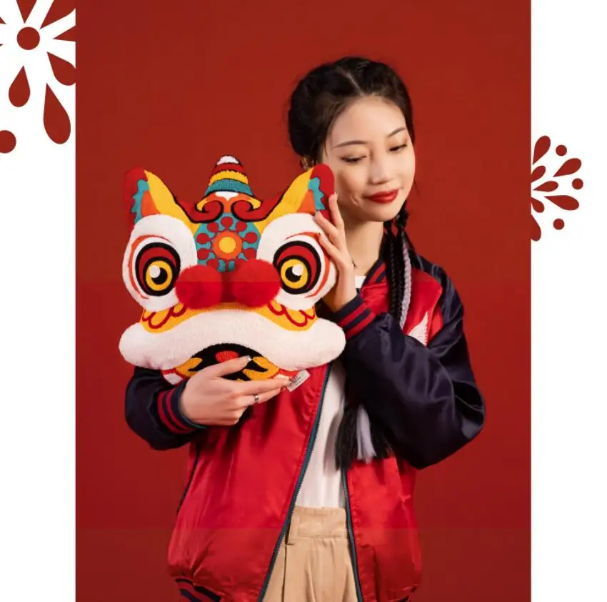 Chinese Red Lion New Year Christmas Pillow Core Back Cushion with Core Creative Bedroom Sofa Living Room Gift