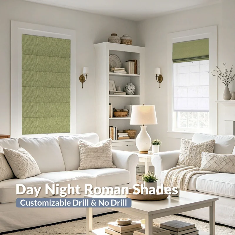 Dual Roman Shades Two Layer Linen Fabric Thermal Blackout Day Night Manual Cordless Roller Roman Blinds For Interior Window