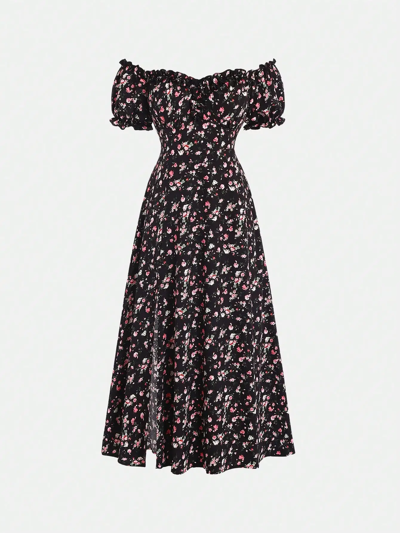 

Black Floral Print Off-Shoulder Puff Sleeve Midi Dress