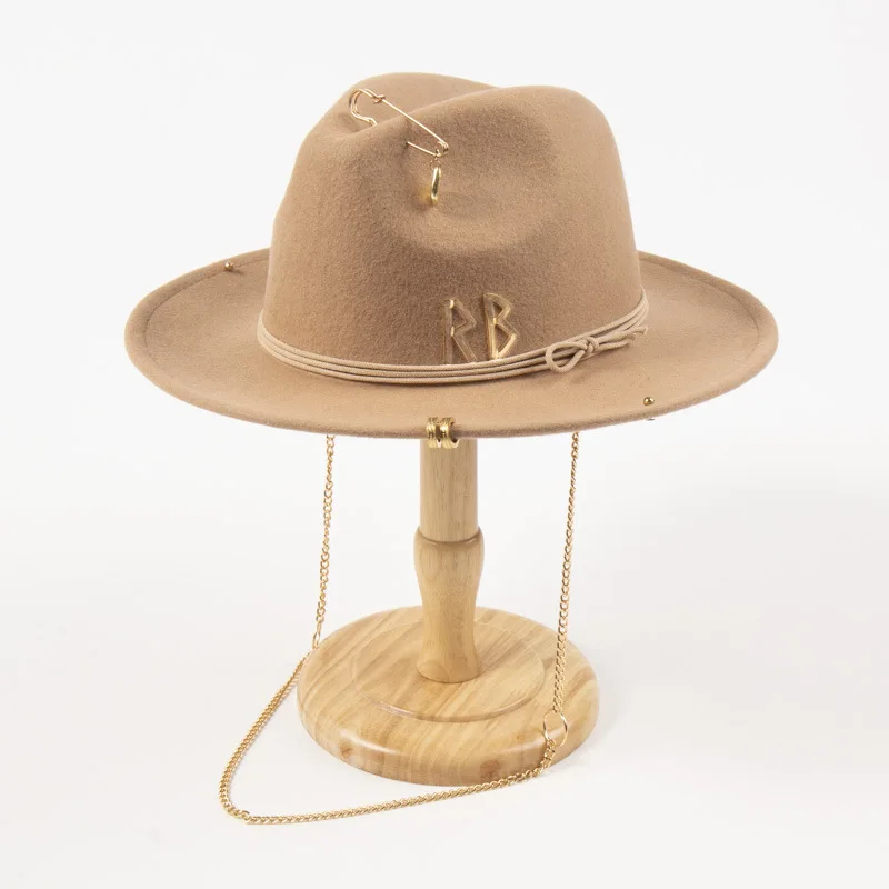 Women's Chain Decor Wool Felt Hat Letter Design Fashion Fedora Autumn Winter Warm Cap EU US