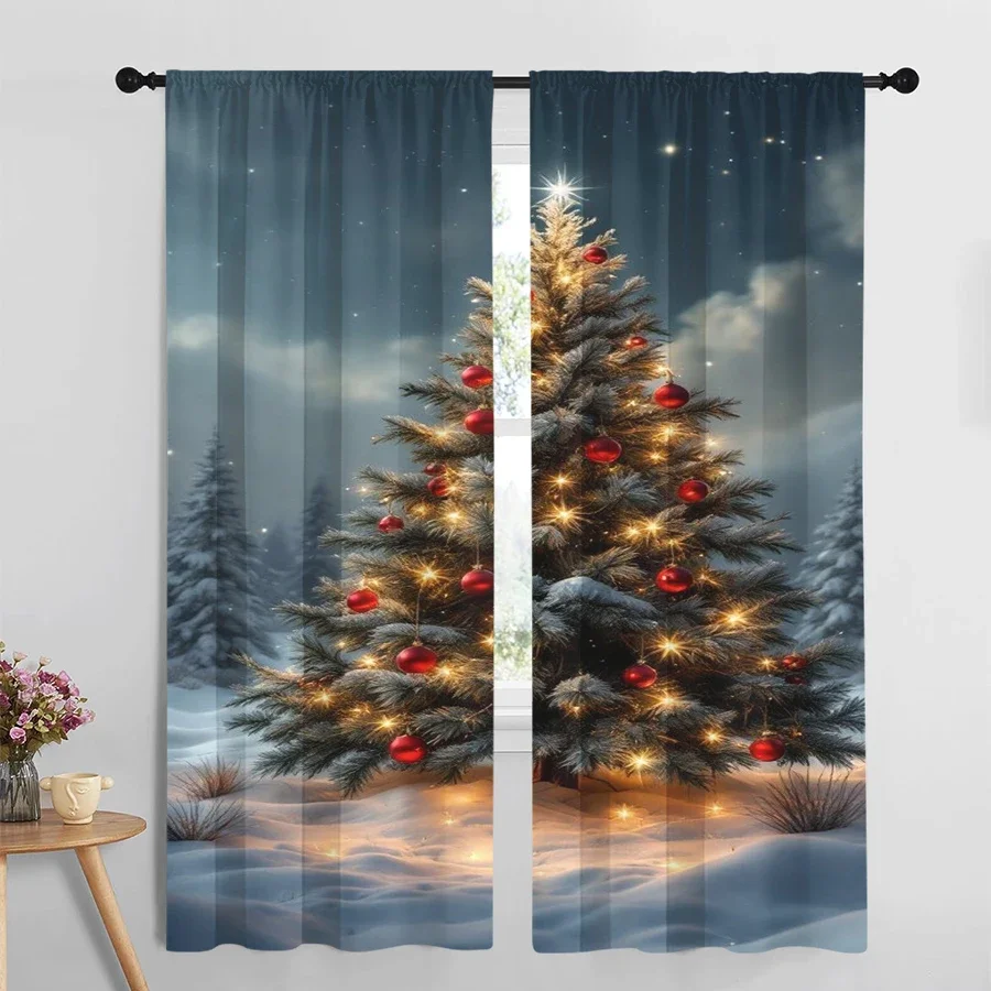 2PCS Snowy Christmas Tree Curtains, Starry Night Winter Forest Glowing Light, Magical Holiday Window Drapes for Bedroom Living