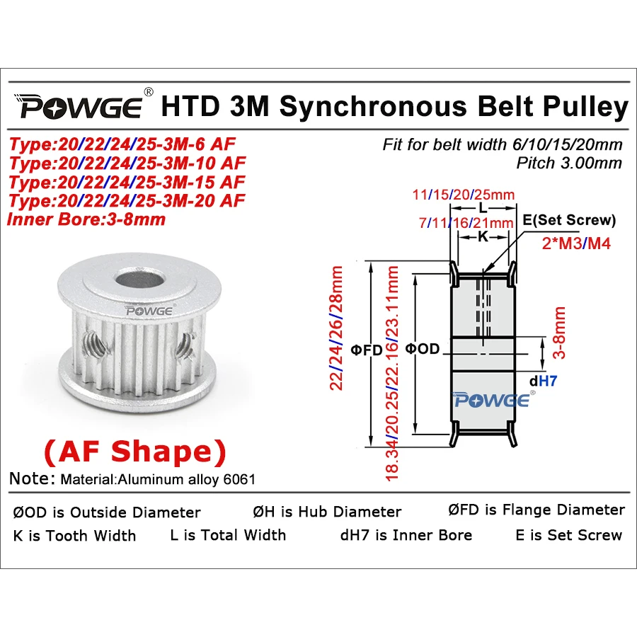 POWGE 20 22 24 25 teeth HTD 3M Timing Pulley AF Bore 4/5/6/6.35/7/8/10/12mm for HTD3M belt width 6/10/15/20mm 20T 22T 24T 25T