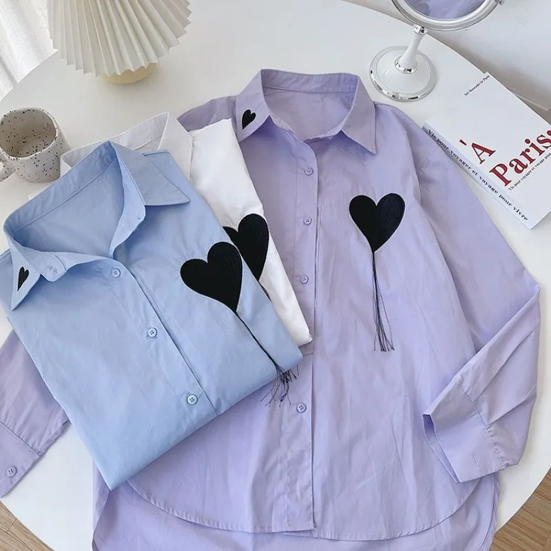 Long Sleeve Shirts Women Korean Style Minimalist Heart Print Embroidery Preppy Aesthetics Camisas Fashion Clothing 3-Colors Ins