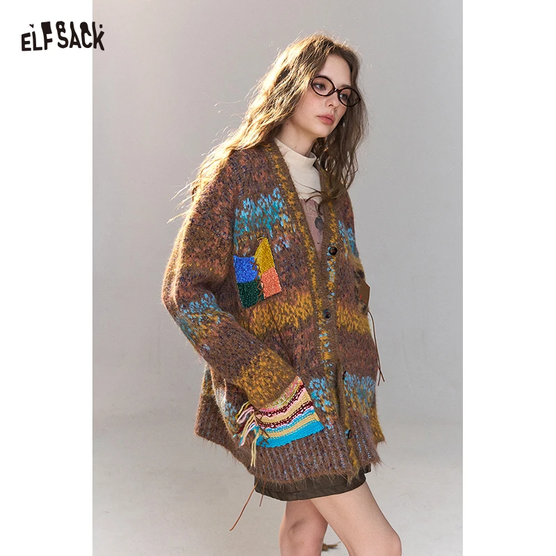 ELFSACK Women's Vintage Mixed Print Cardigan with Patch Detail, Cozy Loose Open Front Knit Top for Daily, Bohemian Long Sleeve O