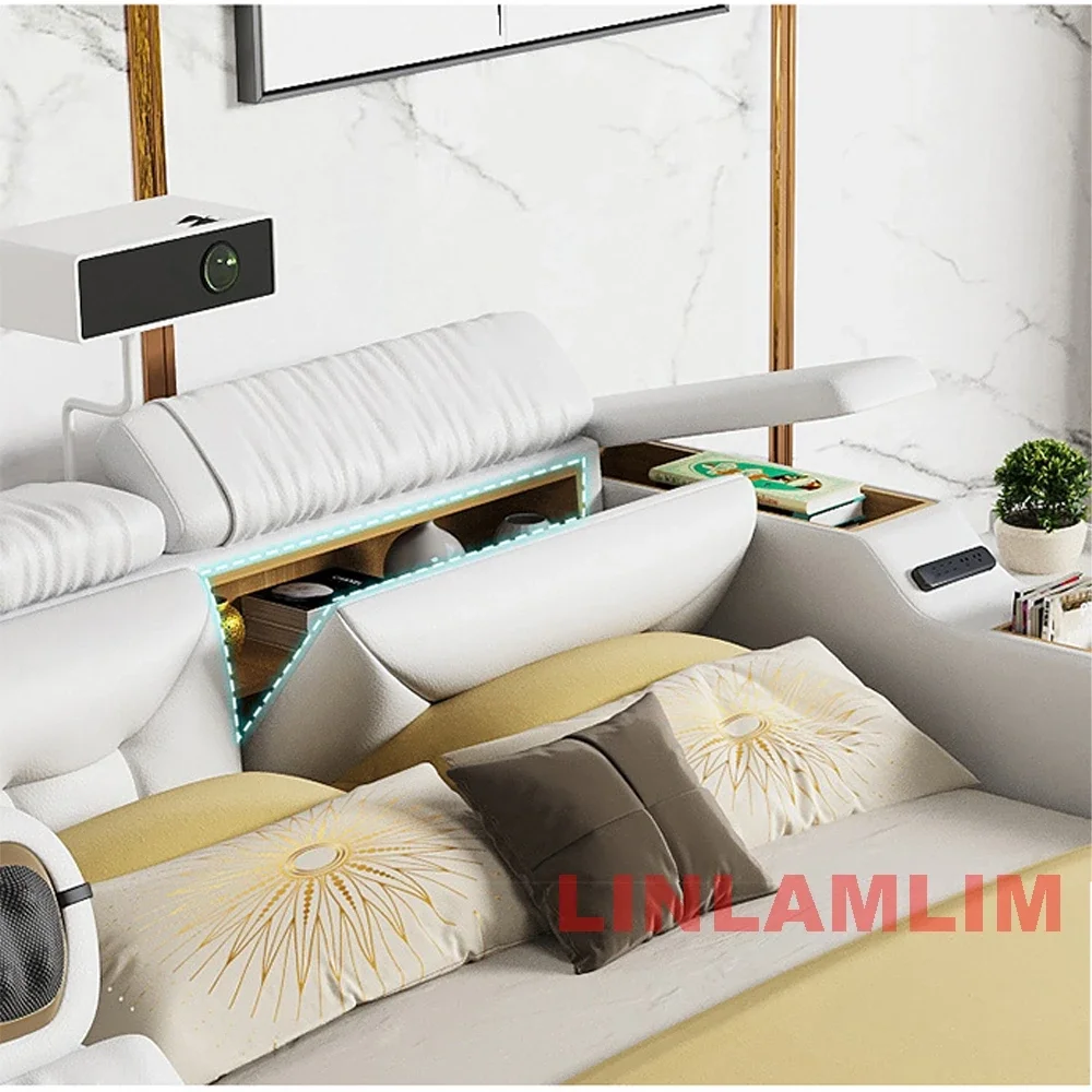Linlamlim Nowoczesny WIELOFUNKCYJALNY ŁÓŻKA Tech SMART 2-osobowy | FURURYCZNA FURNITURE | Łóżka z prawdziwej skóry Ultimate Massage Tatami