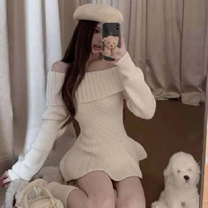 Stunning One-Shoulder Knitted Base Sweater Dress Women's Autumn Winter Small Size Lazy Style Short Sleeve Long Sleeve Top