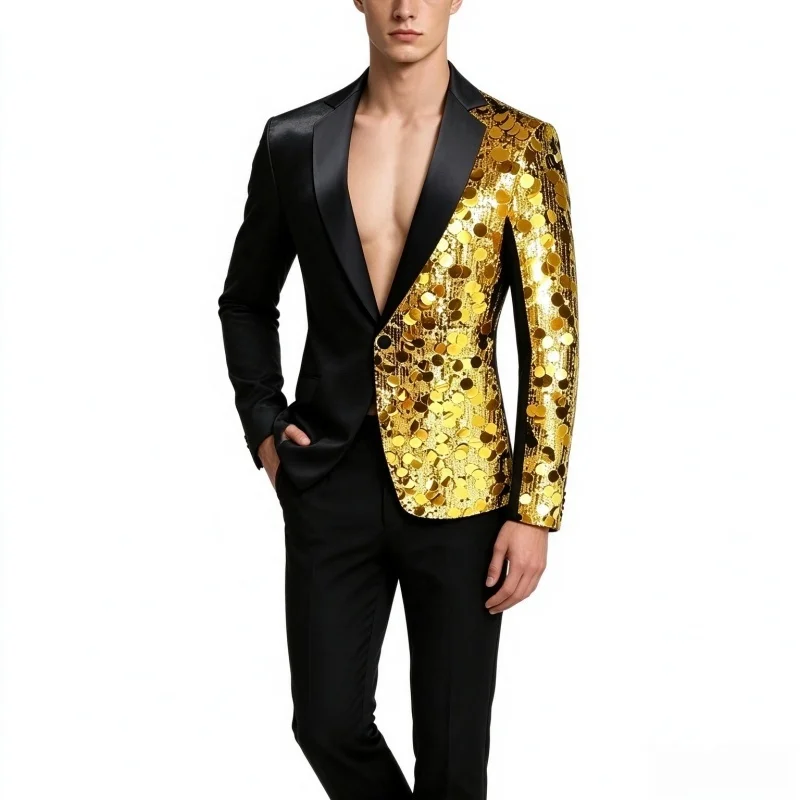 Men's Fashion Slim Fit Sequin Tuxedo Jacket Glitter Gold Silver Party Blazer Fashionable Stage Performance Clothes Singer Host