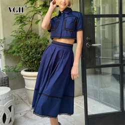 VGH Solid Two Piece Sets For Women Lapel Short Sleeve Patchwork Pockets Tops High Waist A Line Skirt Minimalist Set Female New