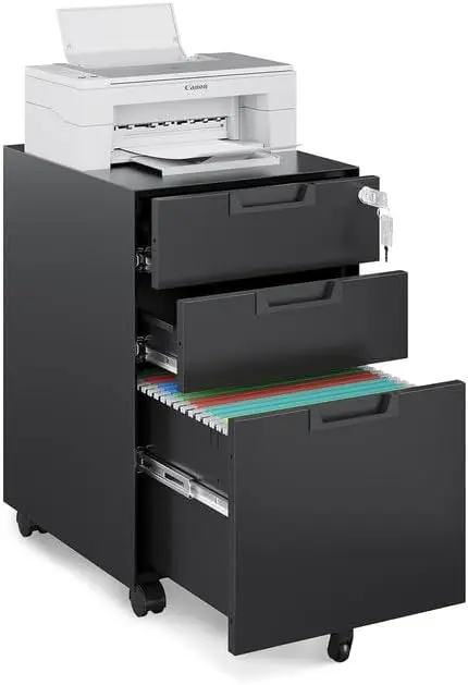 

Mobile File Cabinet,3 Drawer Locking Storage Filing Cabinet,Office Metal Storage Cabinet on Wheels for Legal/Letter/A4 File(Full