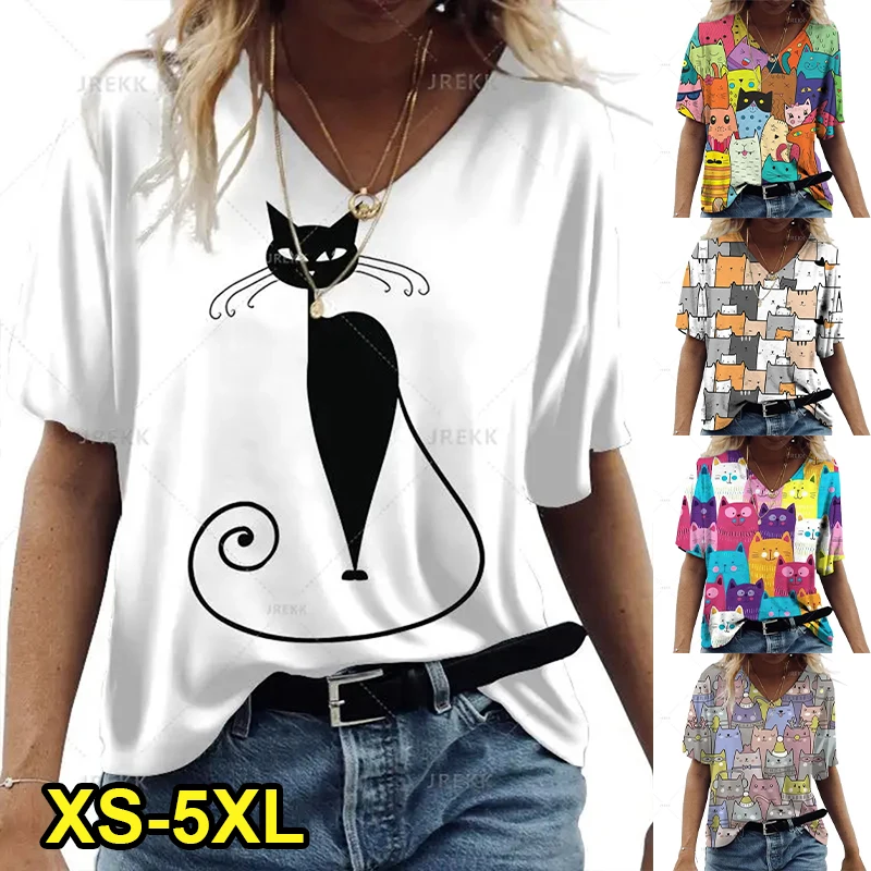 2024 New Women\'s Short-Sleeved T-Shirt V-Neck Printed Kitten Pattern Oversized Women\'s Blouse Y2K Style Summer Casual Breathable