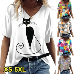 2024 New Women's Short-Sleeved T-Shirt V-Neck Printed Kitten Pattern Oversized Women's Blouse Y2K Style Summer Casual Breathable