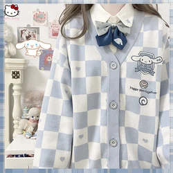 Kawaii Cinnamoroll Embroidery Knitted Cardigan Sanrios Kuromi Japanese Women Jk Uniform Checkerboard Autumn Loose Sweater Coat