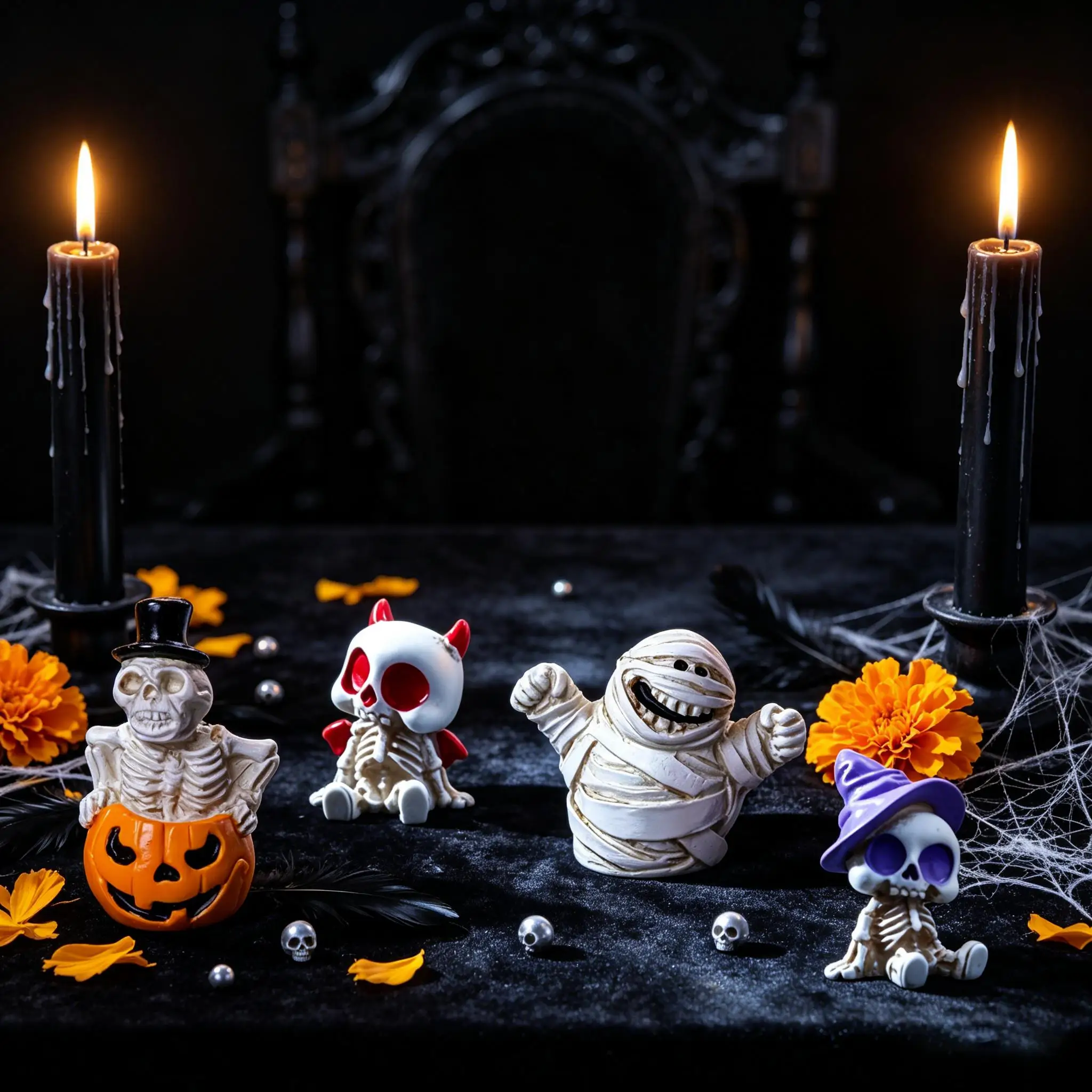 4pcs Gothic Halloween Resin Mini Figurine Set, Mummy Pumpkin Skeleton Wizard Devil Skull Statues, Micro Landscape Desk Decor