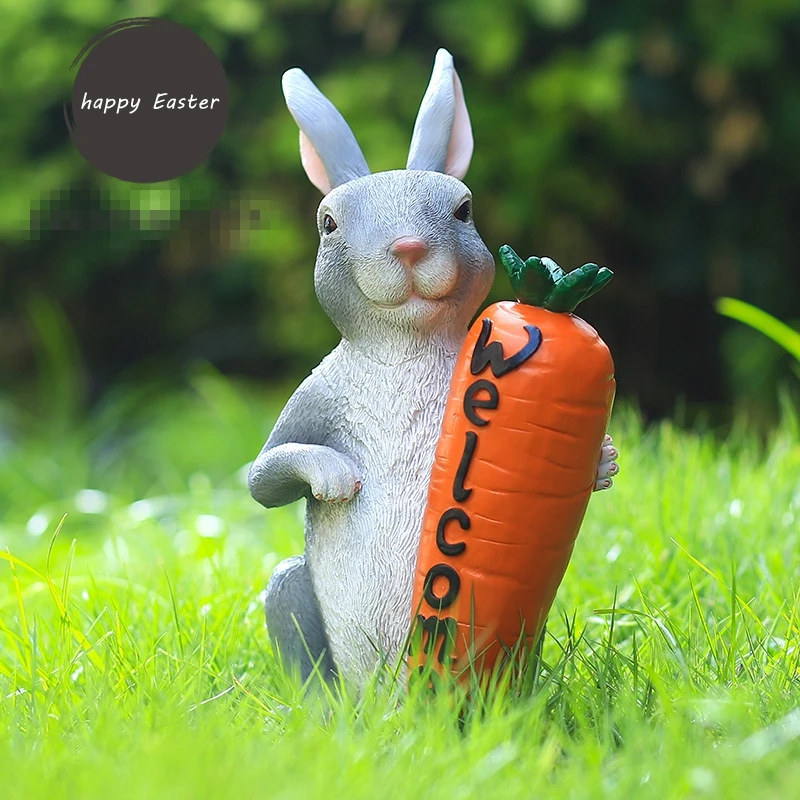 

Welcome Grey Rabbit Ornament Easter Carrot Bunny Outdoor Garden Decor Home Furnishings