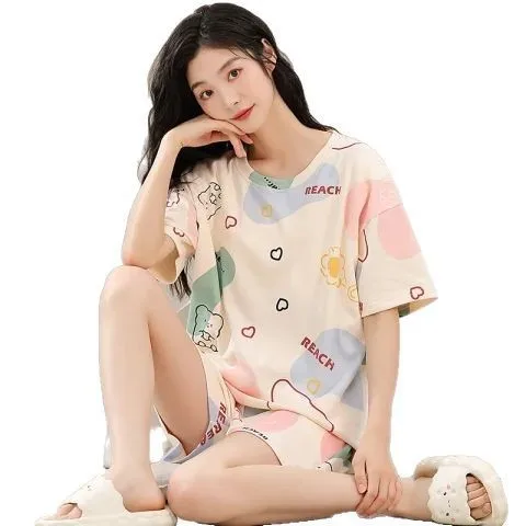 

2pcs/set Womens Summer Pajama Set Korean Cartoon Student Casual Homewear Short Sleeve Sweet Chest Pad Loose Plus Size Summer