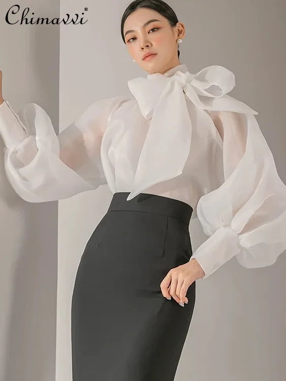 

Japanese Bow Puff Sleeve Lace-up Shirt for Women 2024 Summer New Elegant Fashion Chiffon Blouse See-through Sweet Y2k Top