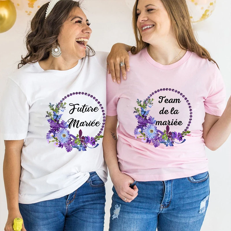 Team Bride Bridesmaid T-shirt Bachelorette Party EVJF Tees Fashion Flower Crown Tshirt French Bridal Wedding Short Sleeve Tops