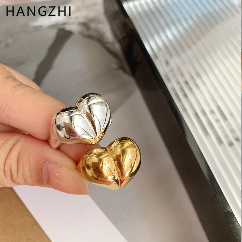 HANGZHI Metal Heart Chunky Ring for Women Girls Europen American Gold Sliver Color Sweet Y2K Party Jewerly New