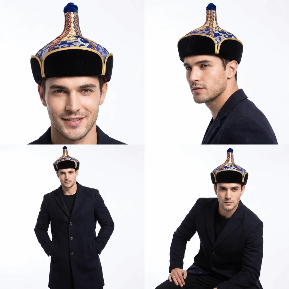 Golden and Blue Pointed Dance Hat Comfortable Wearing Lightweight Texture Ethnic Costume Headwear Stable Pointed Shape