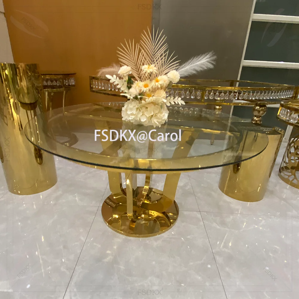 

Wedding Event Furniture 3 Ring Circular Pedestal Base Stainless Steel Clear Glass 5ft Round Dining Table