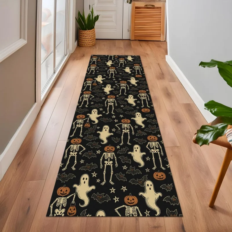 VIKAMA Halloween Skeleton Ghost Pumpkin Long Runner Rug Non Slip Hallway Entryway Floor Mat Home Decor