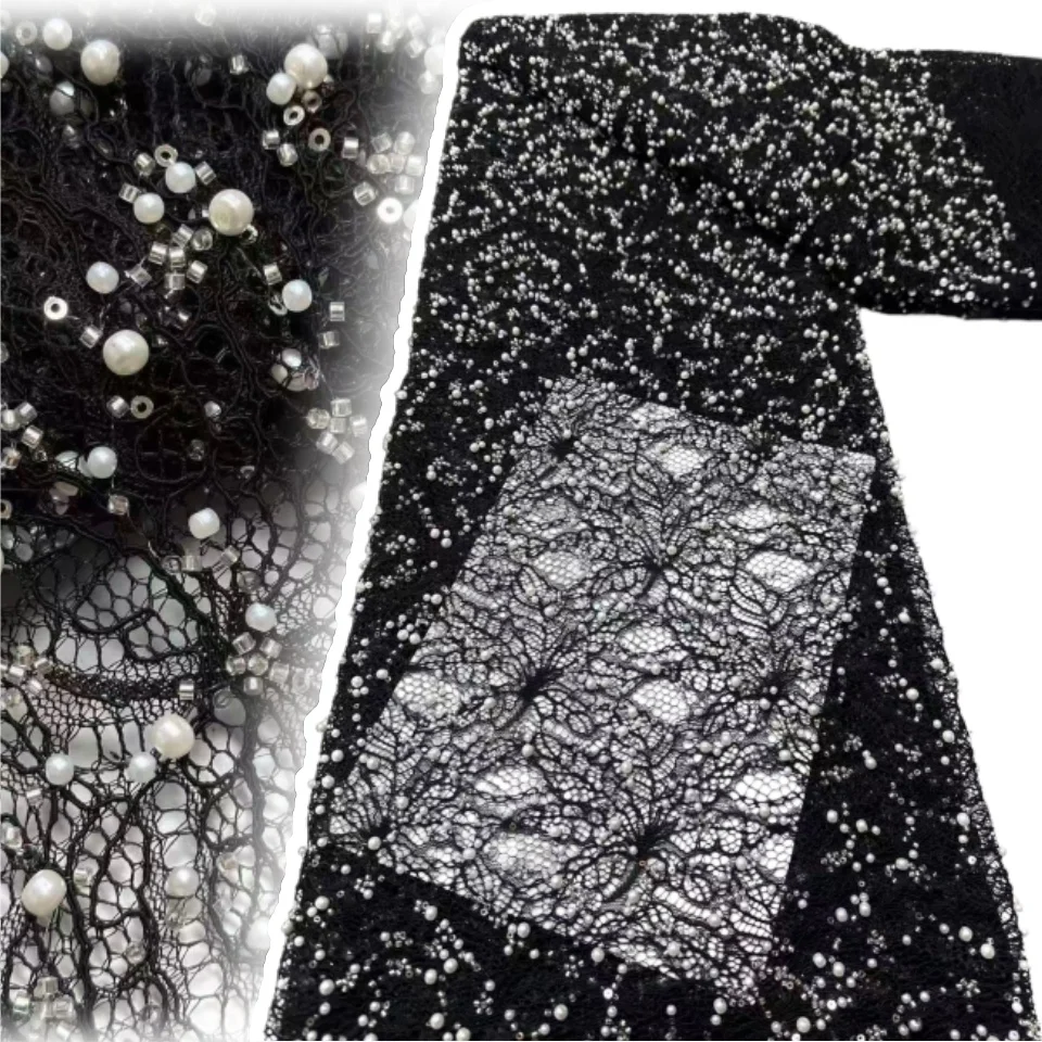 

Черная африканская кружевная ткань с бисером 2026: Элегантное нигерийское французское кружево с пайетками для свадебных и праздничных платьев 2276