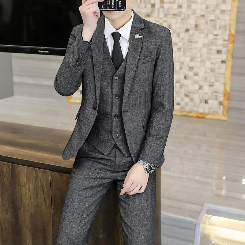 

KIDWHXR Suit Outfit Man New Turn Down Collar Blazer V-neck Vest Men Straight-leg Pant Male Slim Wedding Three-piece Outfit