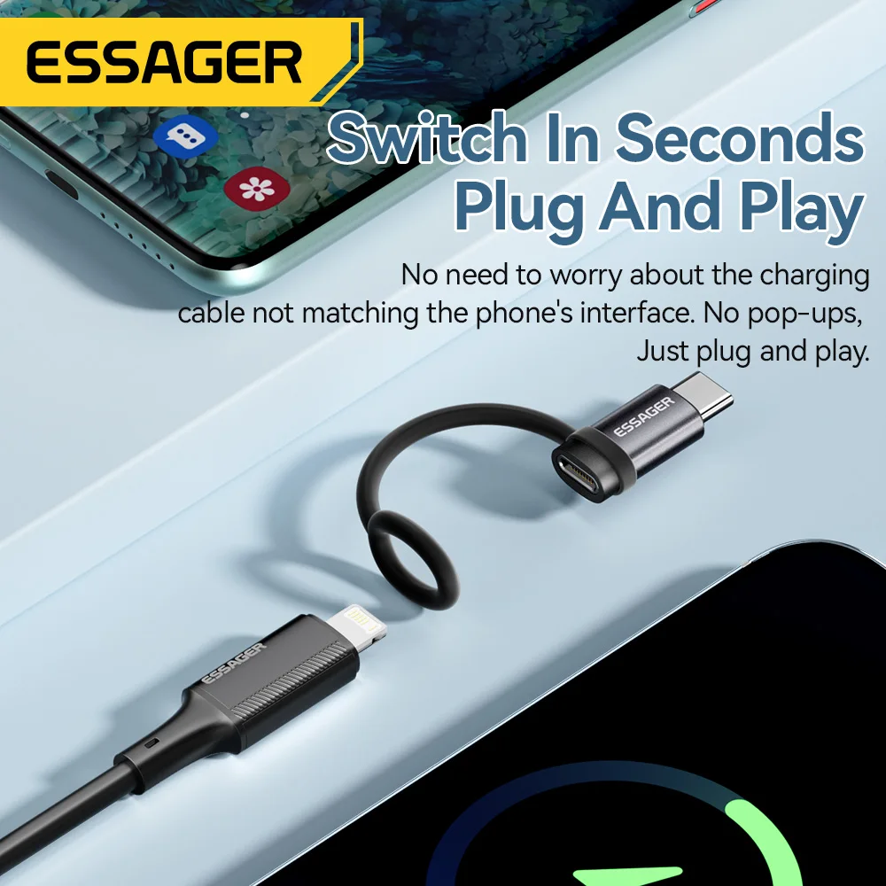 Essager الإضاءة إلى نوع C محول 3A شحن سريع IOS أنثى إلى نوع-C ذكر موصل آيفون 15 14 13 برو آي باد محول