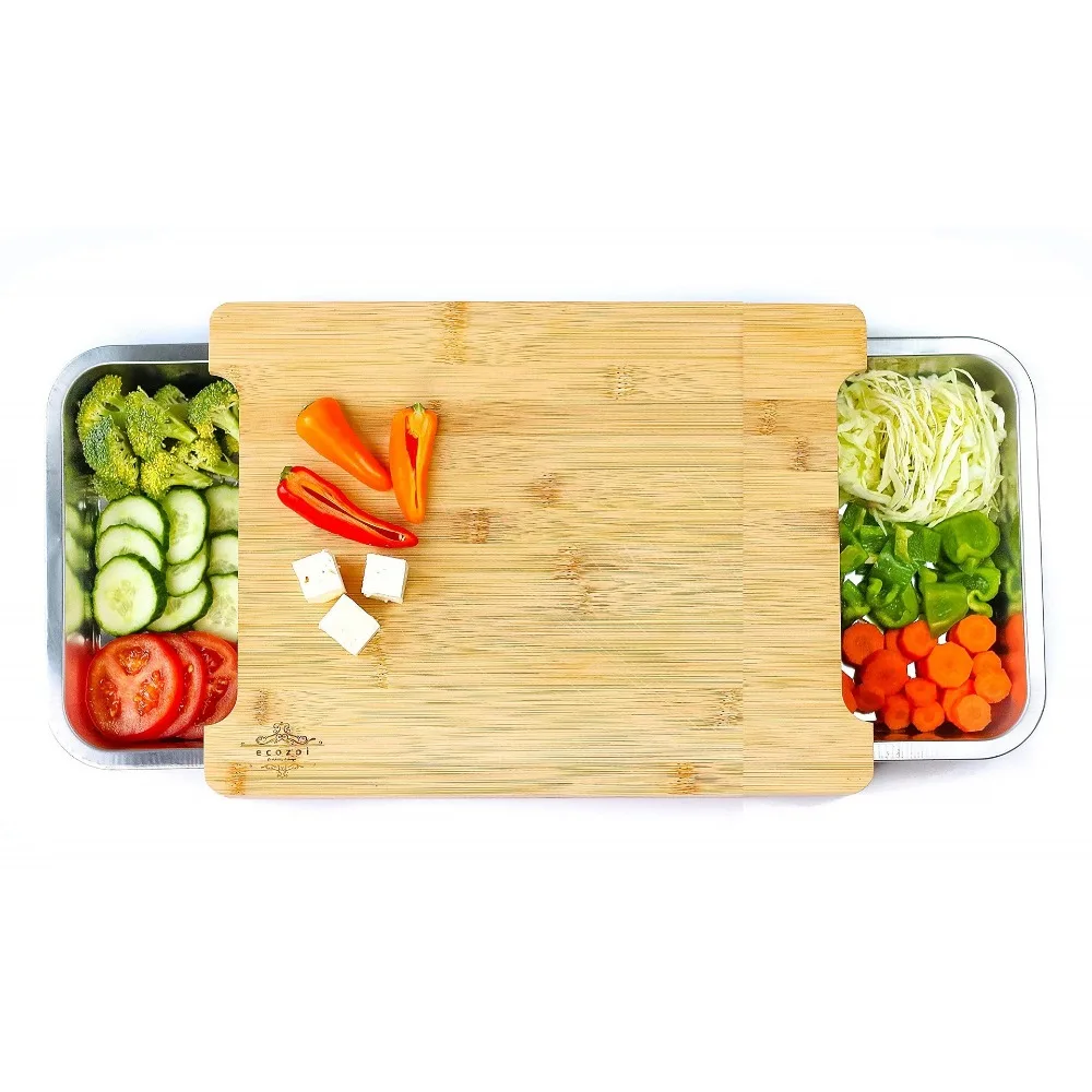 Bamboo wood cutting board with storage box stainless steel tray cutting board with slide-out tray fruit and vegetable cutting