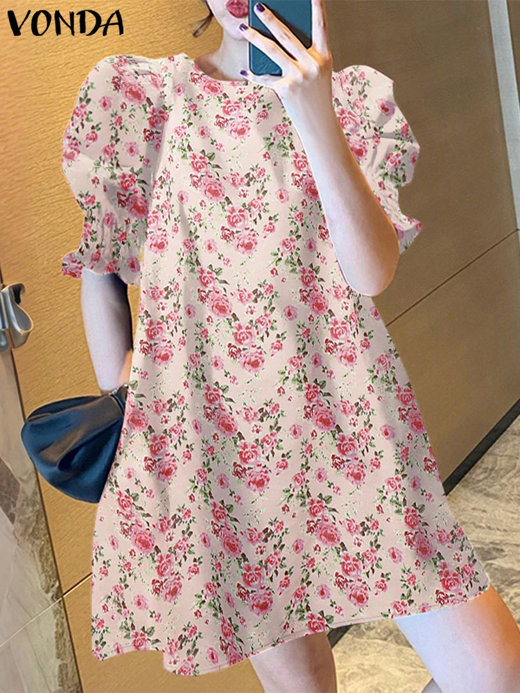 

VONDA Summer Dress Women Puff Sleeve Floral Printed Mini Sundress 2025 Bohemian Short Sleeve Casual Beach Vestidos Loose Robe