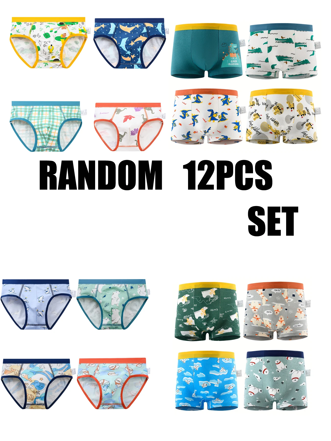 Random 12 Pack Cute cartoon Boy's Underwear with Four Corner Triangle Mixed and Comfortable Soft Dinosaur Bear Shorts