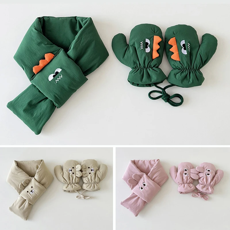 

2 шт., зимний детский шарф, перчатки, комплект, корейский динозавр, кролик, медведь, детские теплые варежки для шеи, лыжные детские шарфы с героями мультфильмов, костюм, От 2 до 6 лет