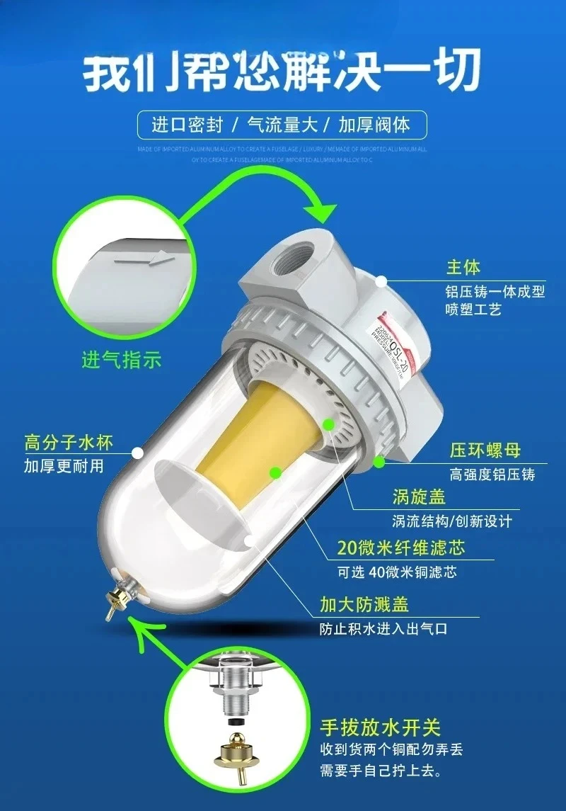 High Flow Air Filtration Oil-Water Separator QSL-08/10/15/20/25/35/40/50 Water Cup Filter Element
