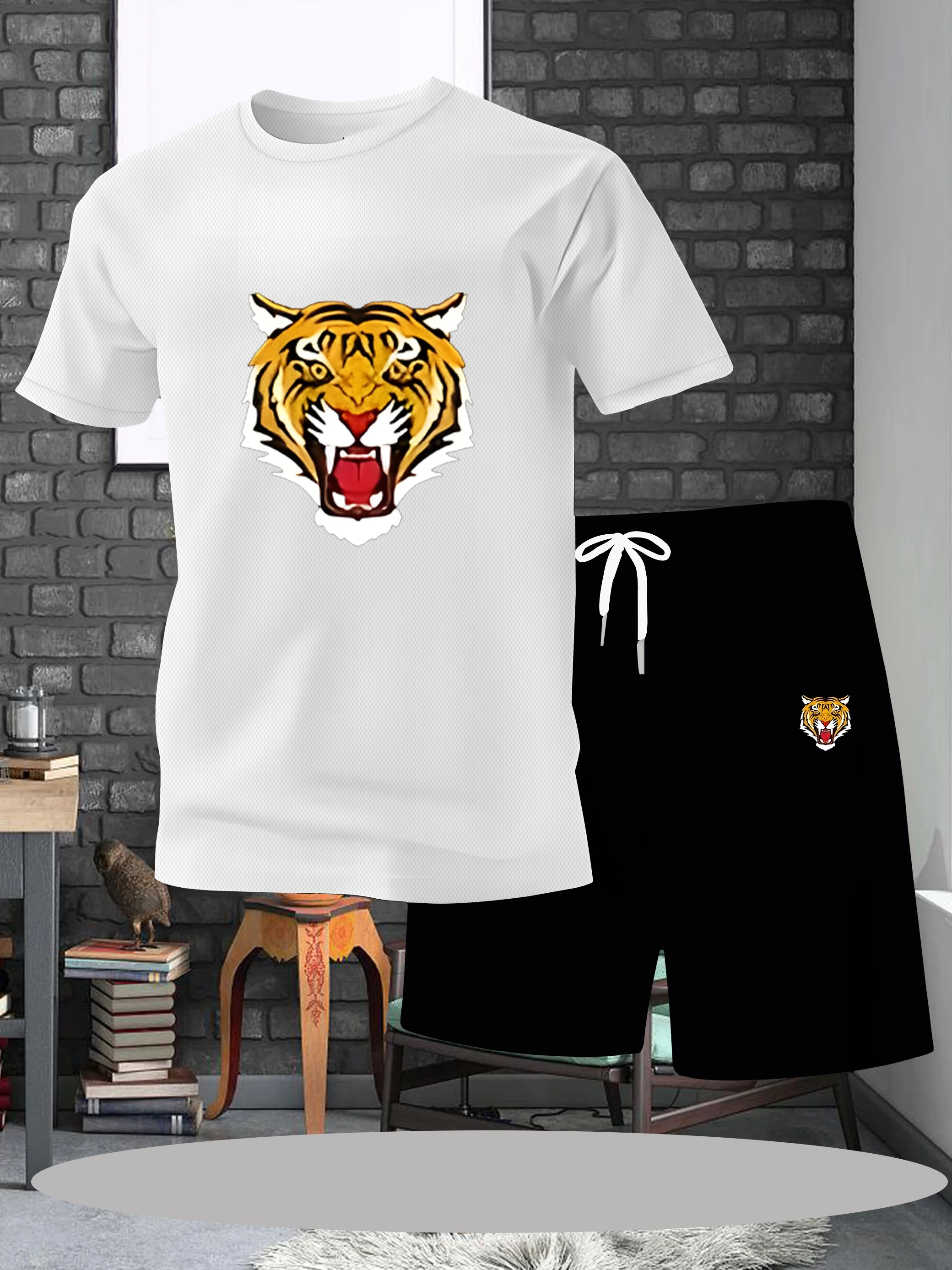 

Men's summer set with letter printed breathable T-shirt and shorts, combining summer/social coolness and trendiness