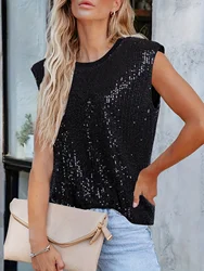 Black Sequin Decor Tank Top, Casual Crew Neck Summer Sleeveless Top, Women's Clothing