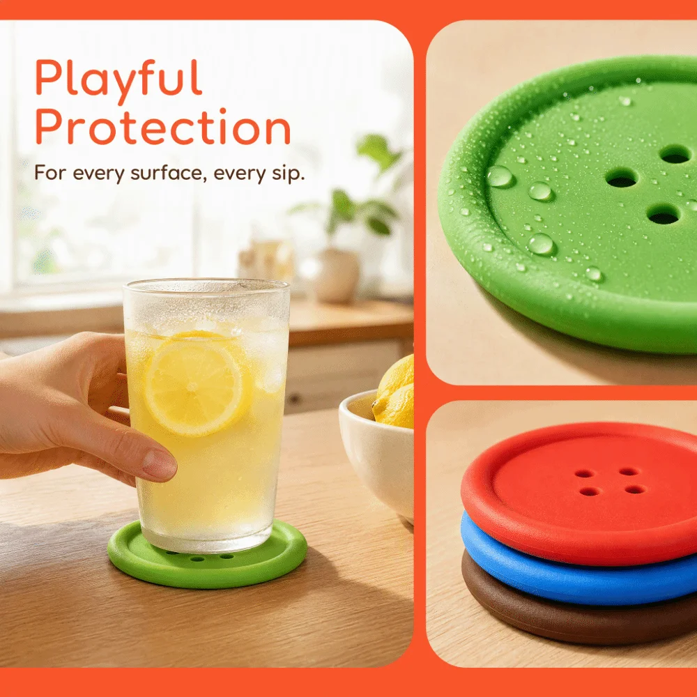 10pcs Non-slip Four-hole Button Coasters 5 Colors Soft Silicone Cup Pads Creative Round Insulation Cup Mat Restaurant