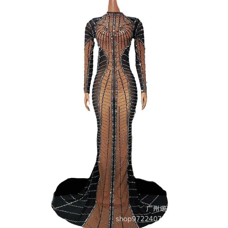 Fashion Diamond Chain High-end Fishtail Evening Dress Black Trendy Clothes Catwalk Performance Clothes High-end Female Singers