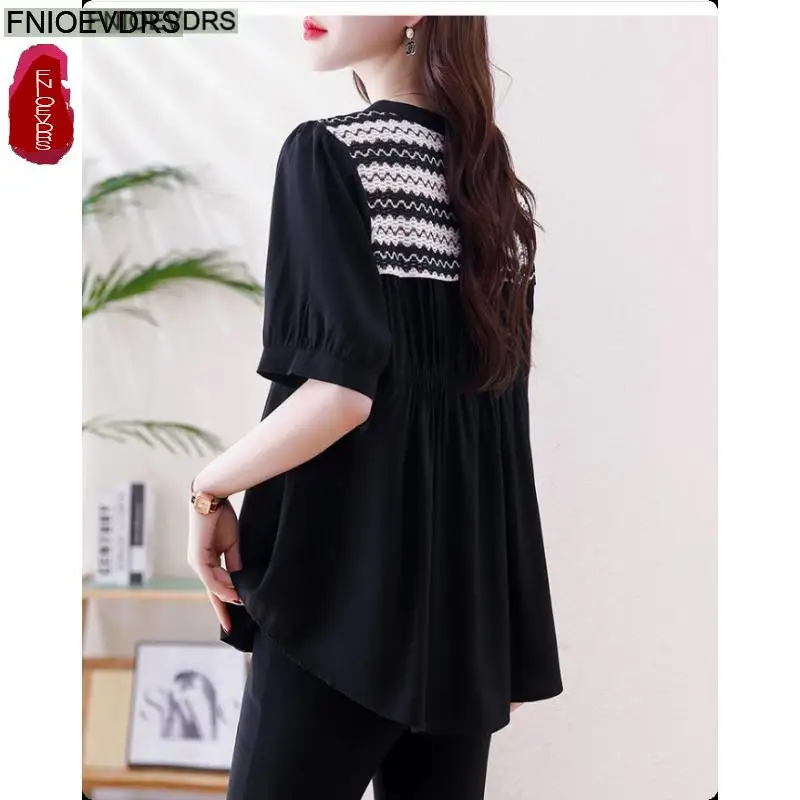 느슨한 옷 여성 2025 여름 짧은 소매 캐주얼 패치 워크 스트라이프 자수 탑 버튼 블랙 레이디 셔츠 블라우스