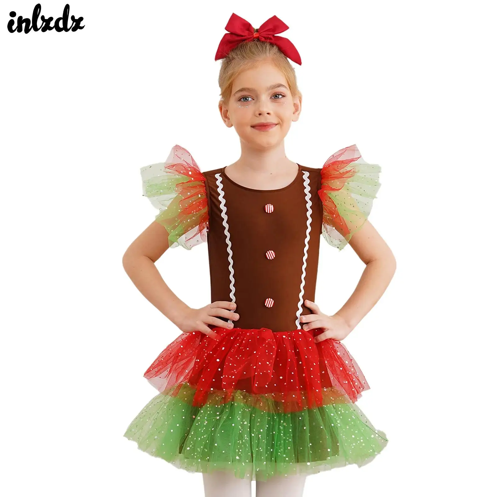 

Kids Girls Christmas Gingerbread Man Cosplay Outfits Halloween Cosplay Costume Flying Sleeve Ballet Tutu Dance Dress Dancewear