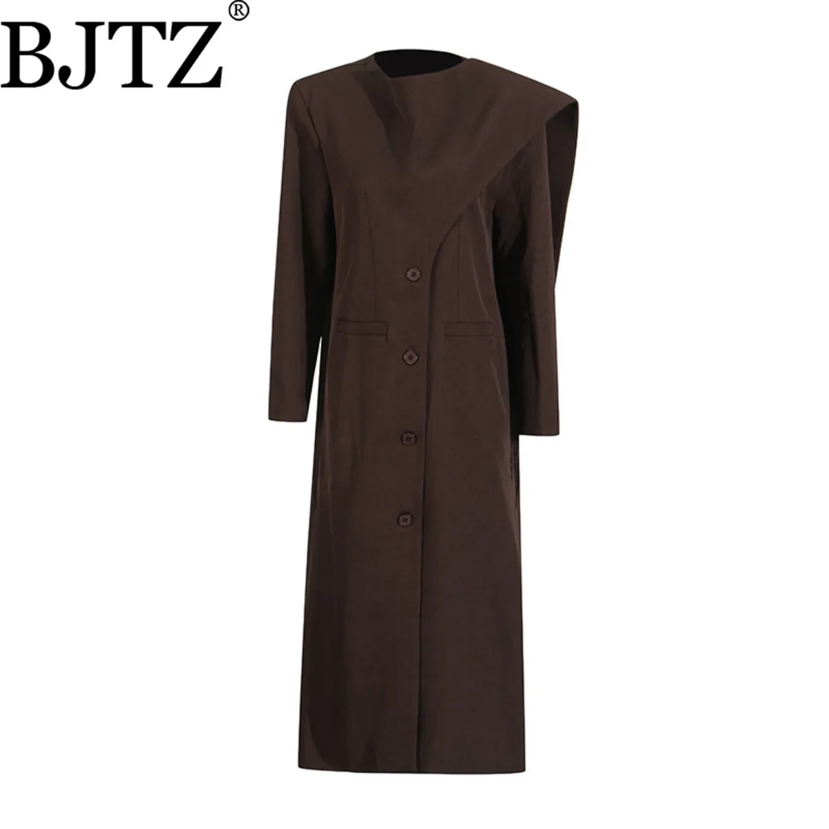 

BJTZ Elegant High-End Single-Breasted Trench Coat 2025 Autumn New Irregular Shawl Design Long Coat For Women