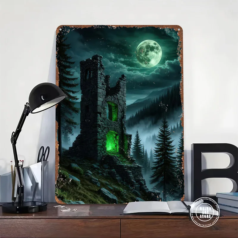 Ruined Tower Under Moonlight Metal Poster Customized Wall Art Retro Vintage Tinplate Signs for Man Cave Gaming Room Decoration