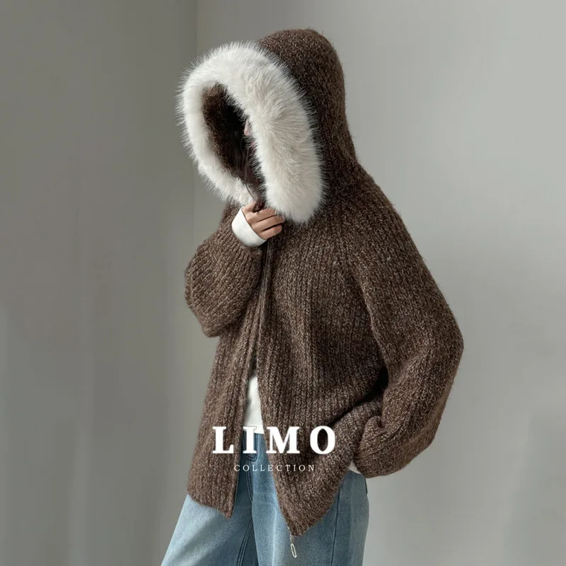 

LIMO 2025 Autumn Winter Thickening Knitted Cardigan with Detachable Fur Collar Women's Elegant Office Lady Coatigan Polyester
