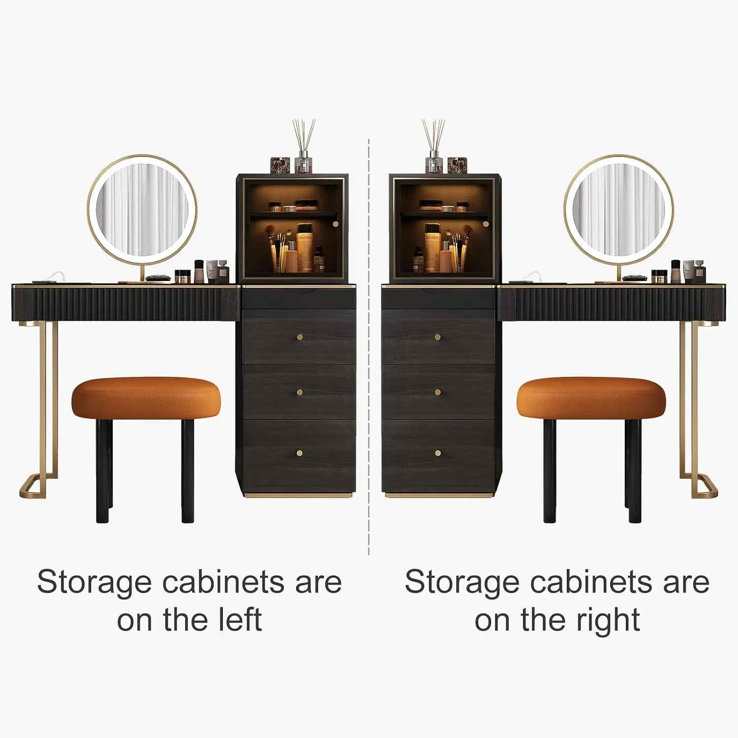 Solid Wood Makeup Vanity Table Dresser Set with LED Mirror Sensor Light USB Socket Stool Storage Easy Assembly, Customized