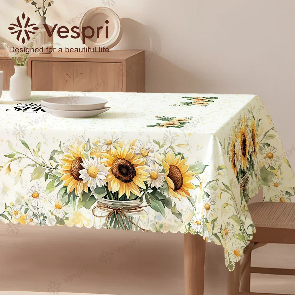 Farm style, wood grain tablecloth, white and yellow decorations, sunflowers and green leaves, yzb