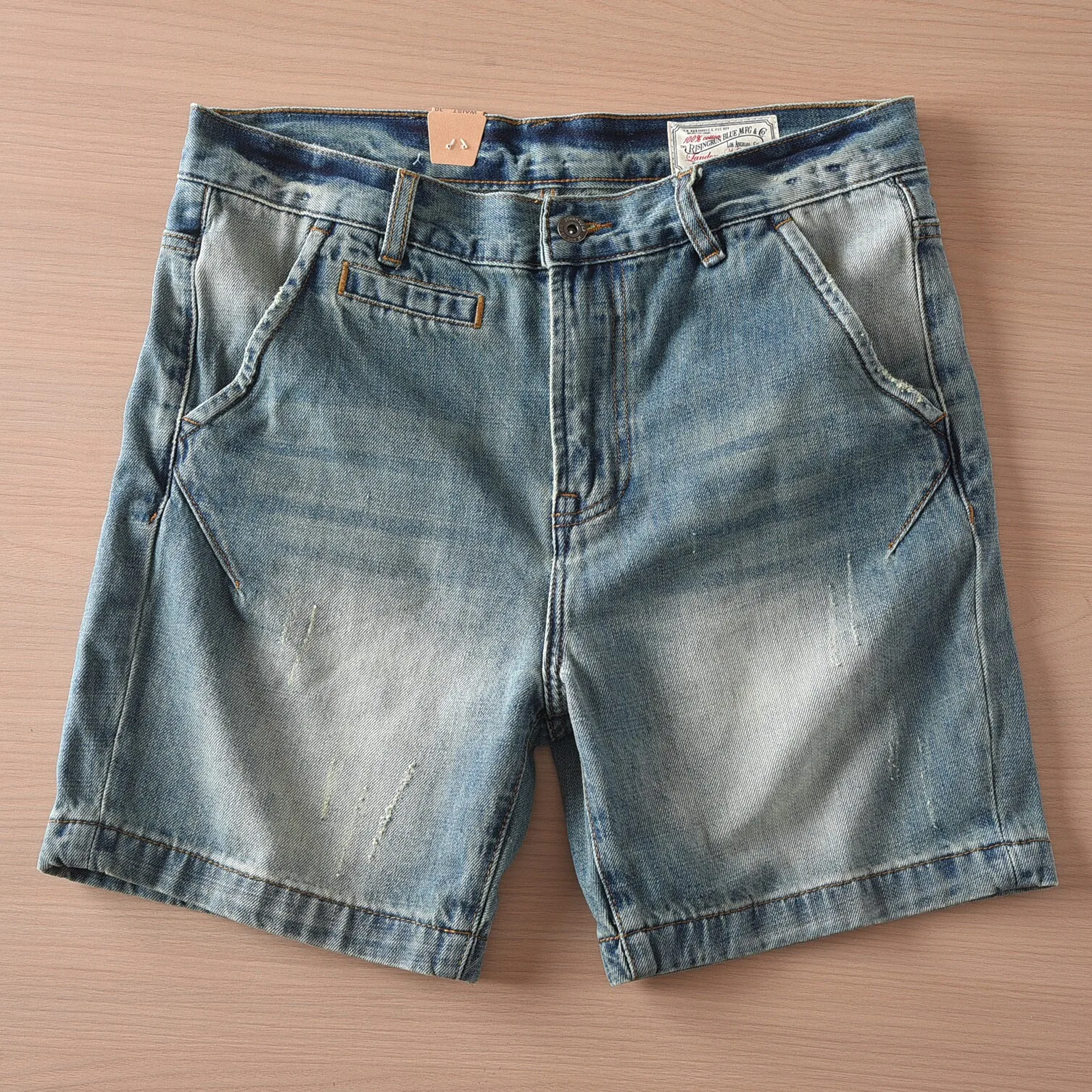 0405# Summer New Japanese Retro Scratch Denim Shorts Men's Fashion 95% Cotton Washed Old Loose Straight Casual 4-point Pants