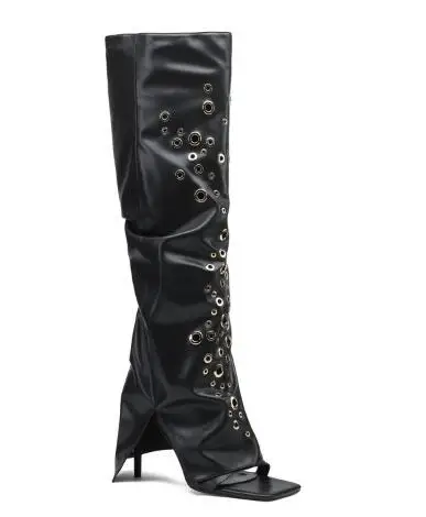 

Summer Women Black Matte Leather Square Open Toe Zipper Side Knee High Sandals Boots Lady Stiletto High Heel Modern Long Boots