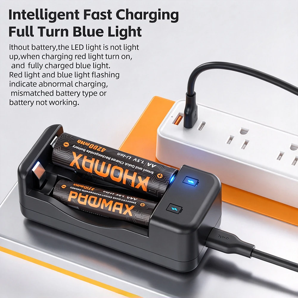 PHOMAX – akumulator AA/AAA z ładowarką. Baterie litowe 1,5 V, AA 4200 mWh, AAA 1110 mAh, do zasilania pilotów, zegarów, czujników i zabawek. — zdjęcie produktu 3