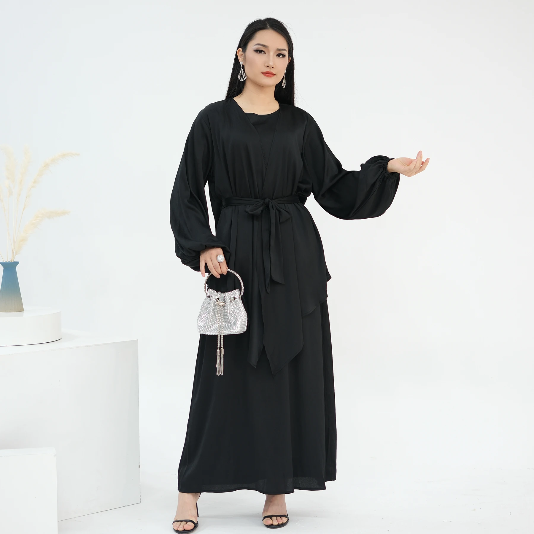 جديد الساتان 2 قطعة مجموعة المرأة المسلمة كيمونو معطف بلا أكمام فستان ماكسي دعوى الإسلام الملابس تركيا عباية دبي قفطان وتتسابق رداء