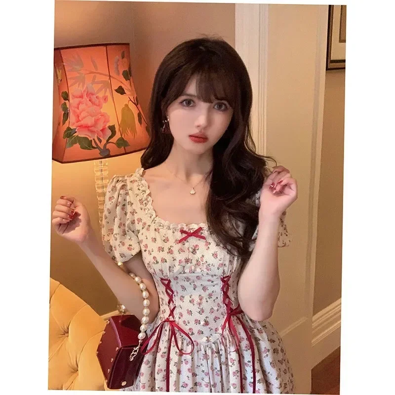 Mini abito coreano con stampa floreale da donna Vintage manica a sbuffo quadrato con lacci a vita alta maxi abito femminile francese dolce Vestido Y2k