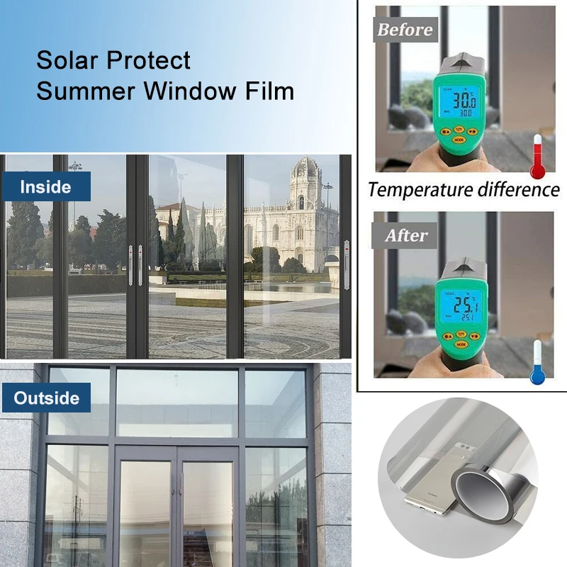 One Way Mirror Window Privacy Film Daytime Anti UV Sun Blocking Heat Control Reflective Window Tint Glass Sticker Self Adhesive